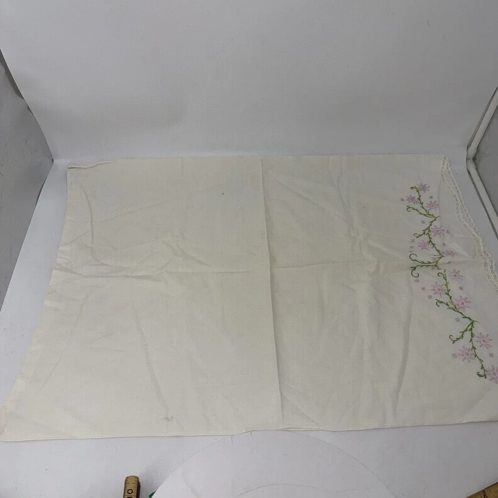 Vintage white pillowcase w/ pink floral embroidery & hand-crocheted lace edge